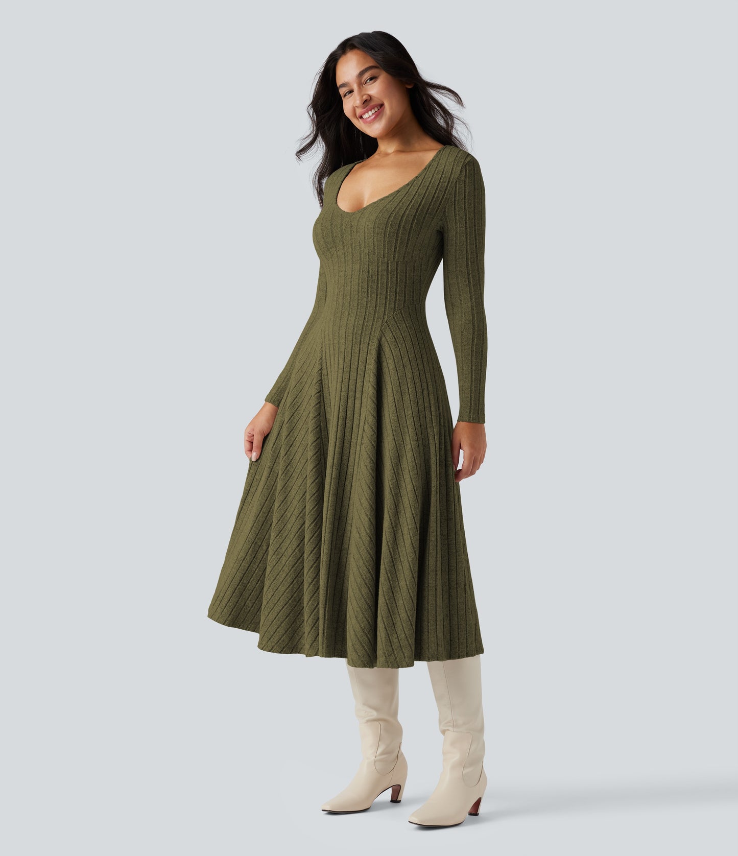 Camila Vestido casual midi de punto acanalado con escote en V, mangas largas y falda acampanada