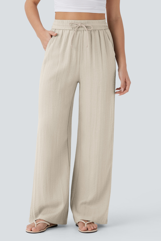 Pantalones Córdoba Casuales de Cintura Alta con Cordón y Bolsillos, Estilo Lino, Pierna Ancha