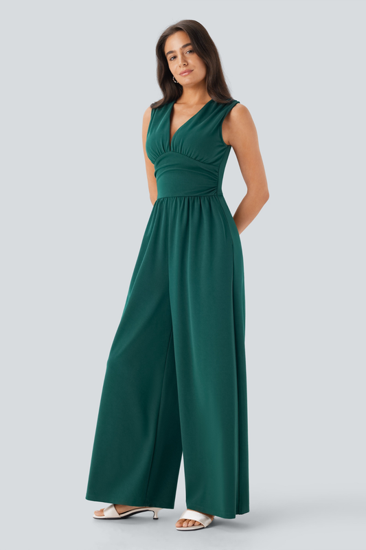 Mono Cristina sin mangas con escote en V, fruncido y sin bolsillos — fácil de llevar